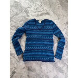 Vintage Eddie Bauer Sweater Sz M Blue Lambswool Fair Isle V Neck
